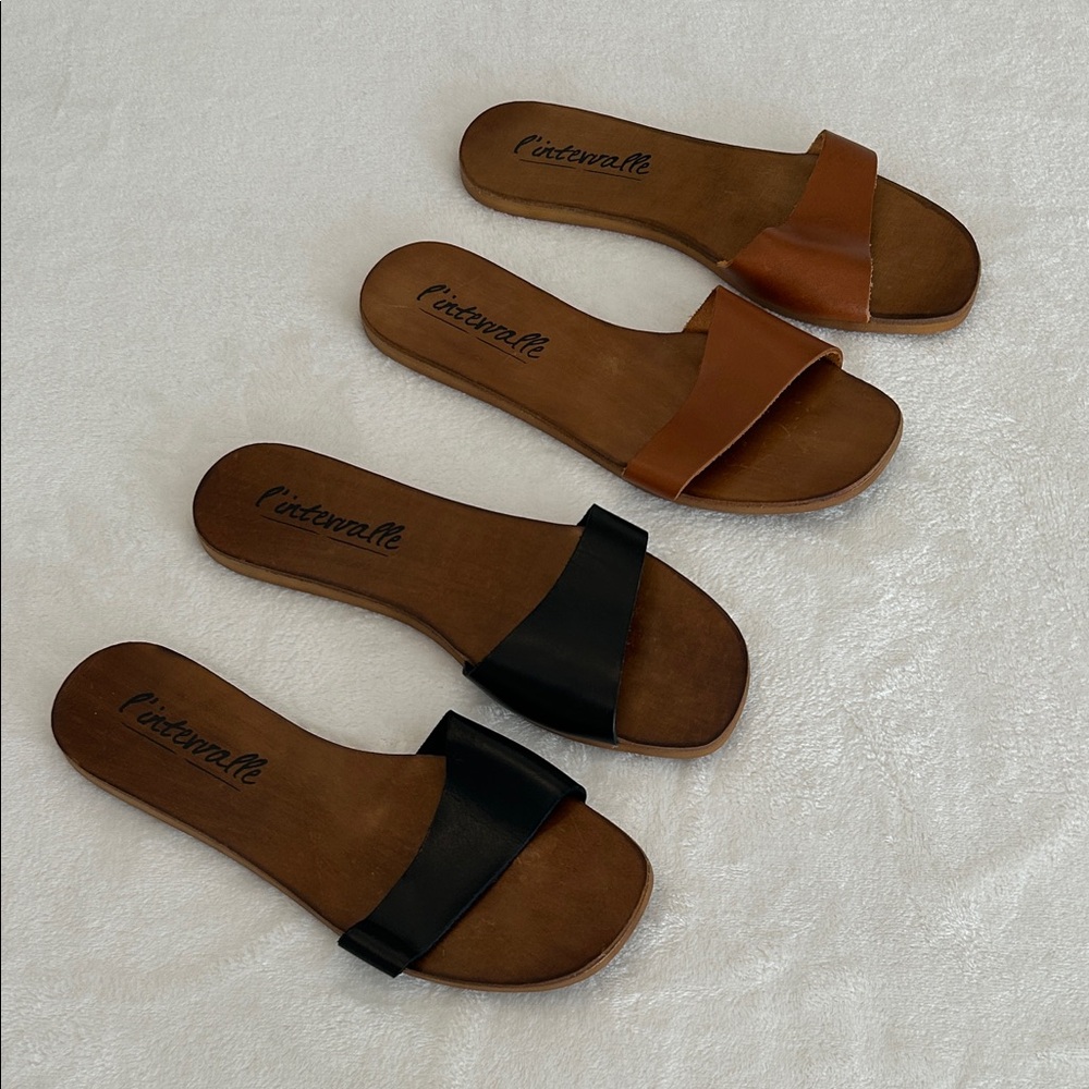 L'INTERVALLE Black and Tan Slide Sandals. Two Pairs included! Made in Italy! 7.5